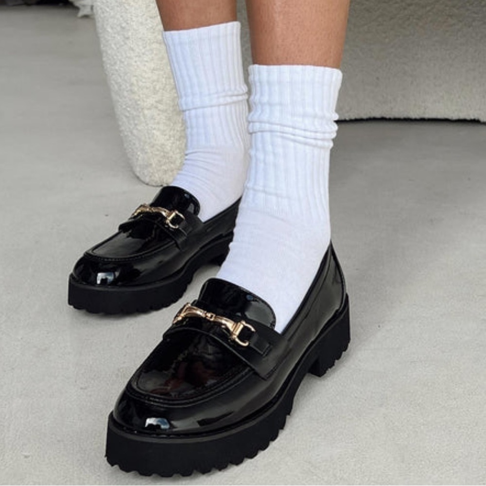 Princess Polly Black Patent Leather Loafers with Gold Accent-Size 7 like new!